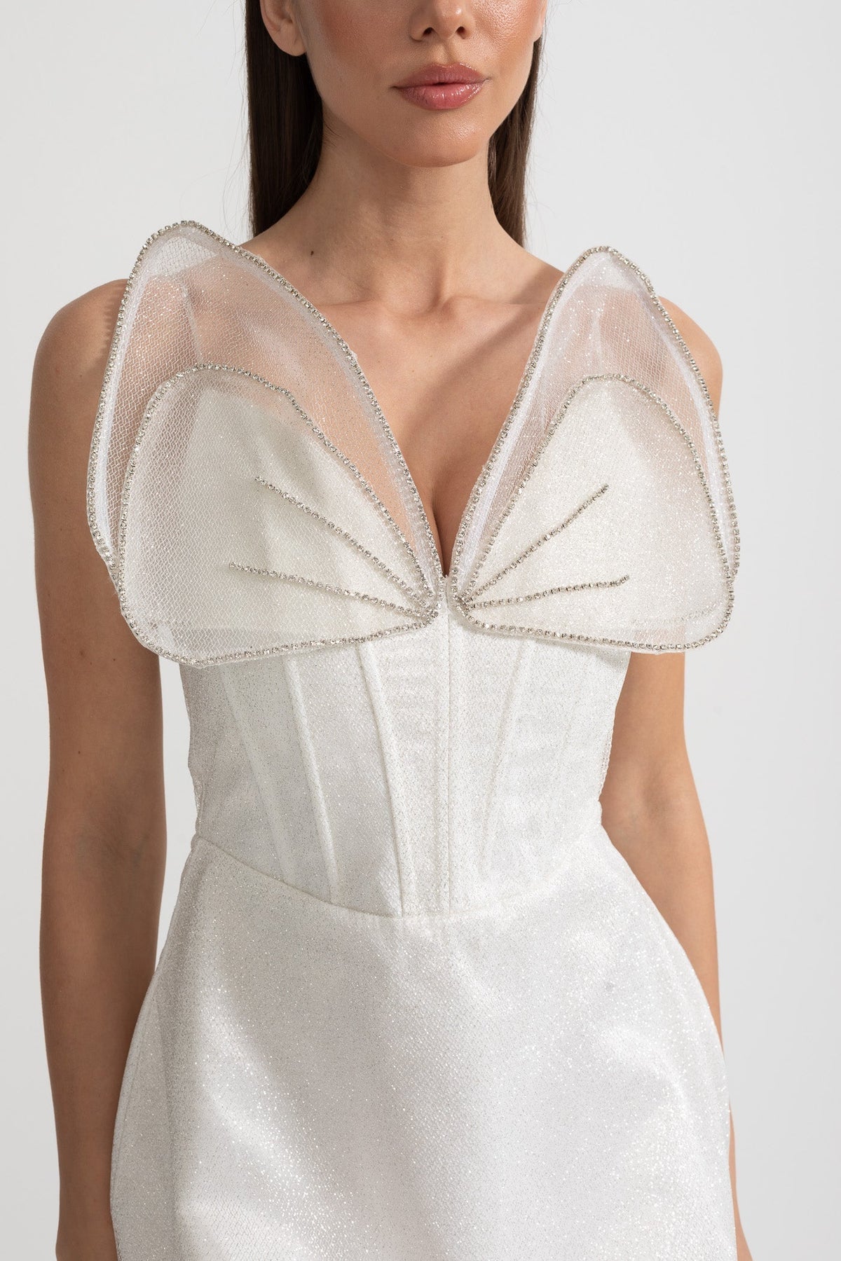 Glitter Deep V-Neck Corset Bodice Rhinestone Mesh Mini Dress - View 3
