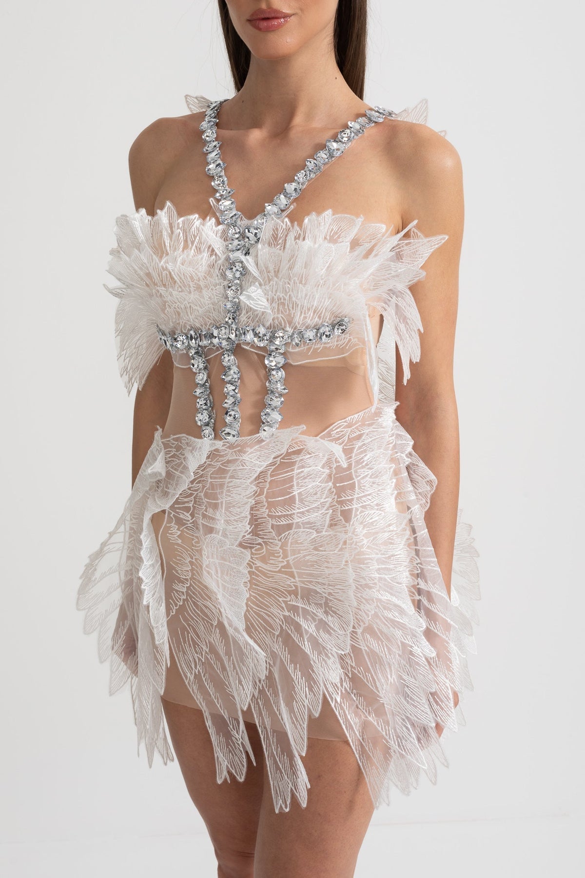 Crystal Wing Applique Mesh Sheer Waist Strapless Mini Dress - View 12