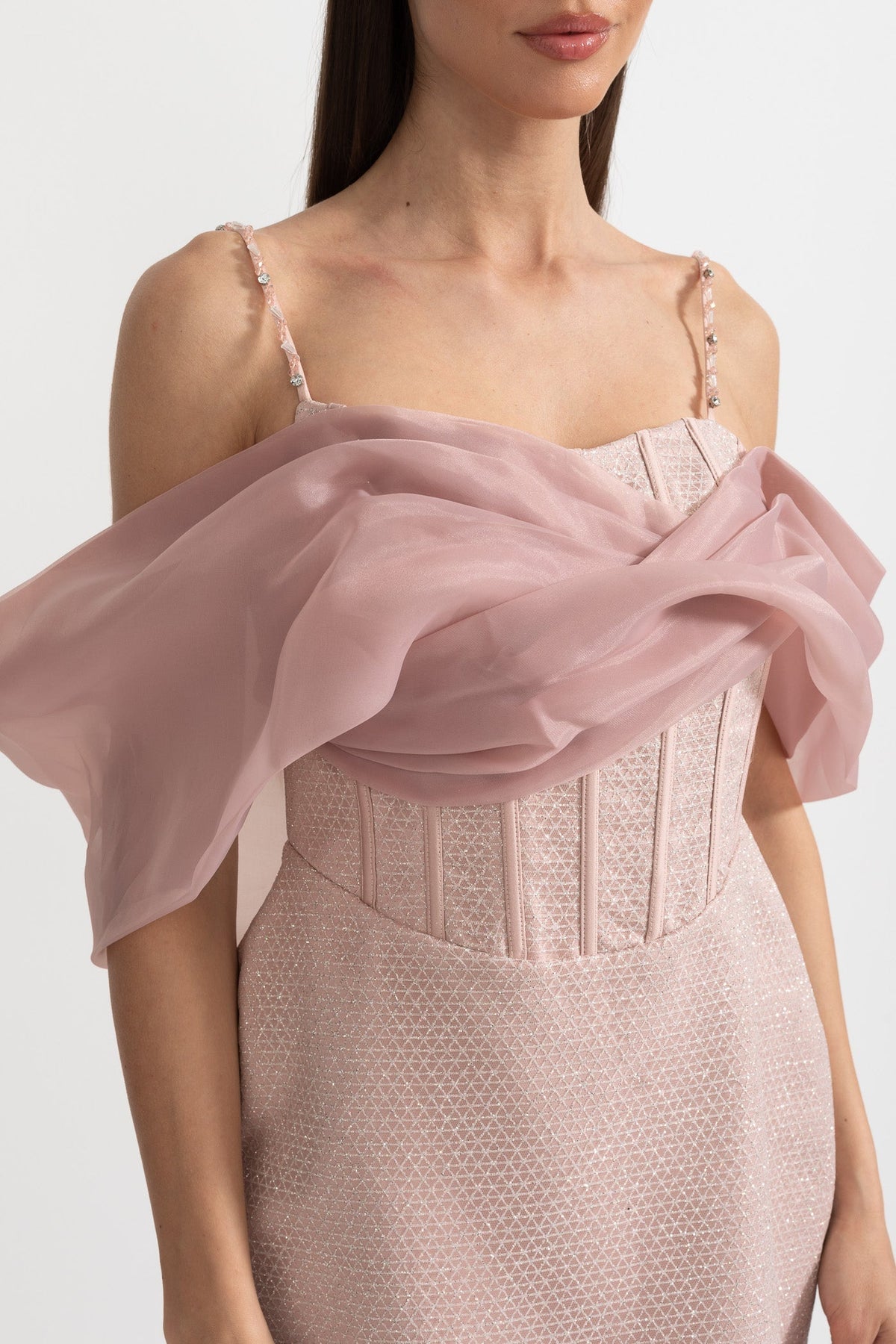 Jacquard Corset Bodice Spaghetti Strap Organza Drape Mini Dress - View 2