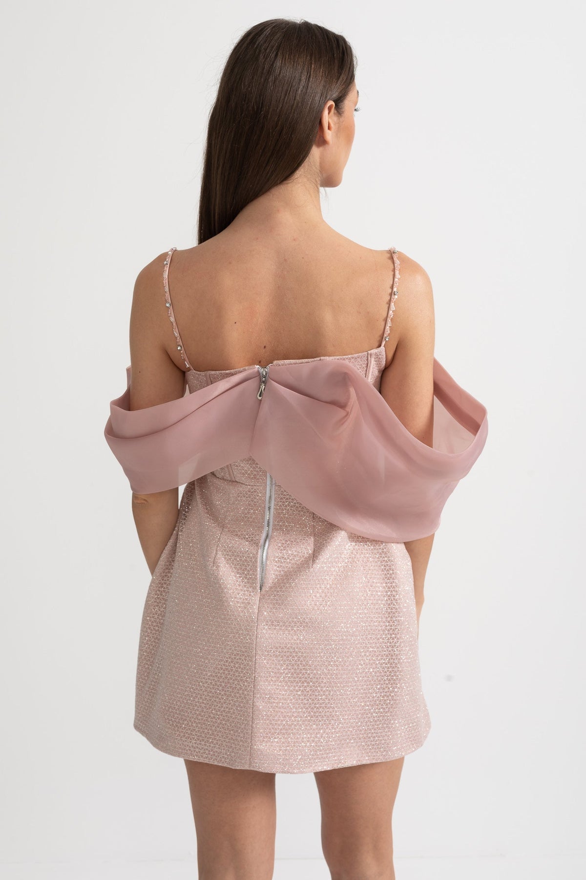 Jacquard Corset Bodice Spaghetti Strap Organza Drape Mini Dress - View 6