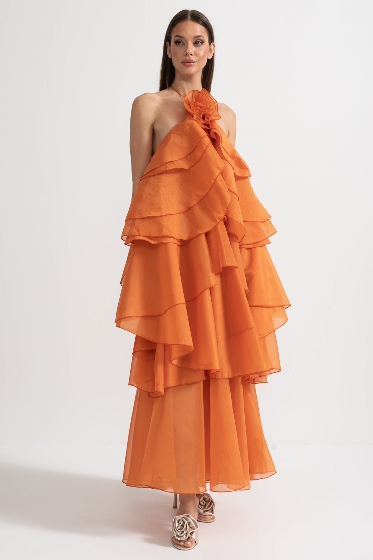 Layered Ruffle Halter Dress With Decorative Neckline Flower - Orange - View 8
