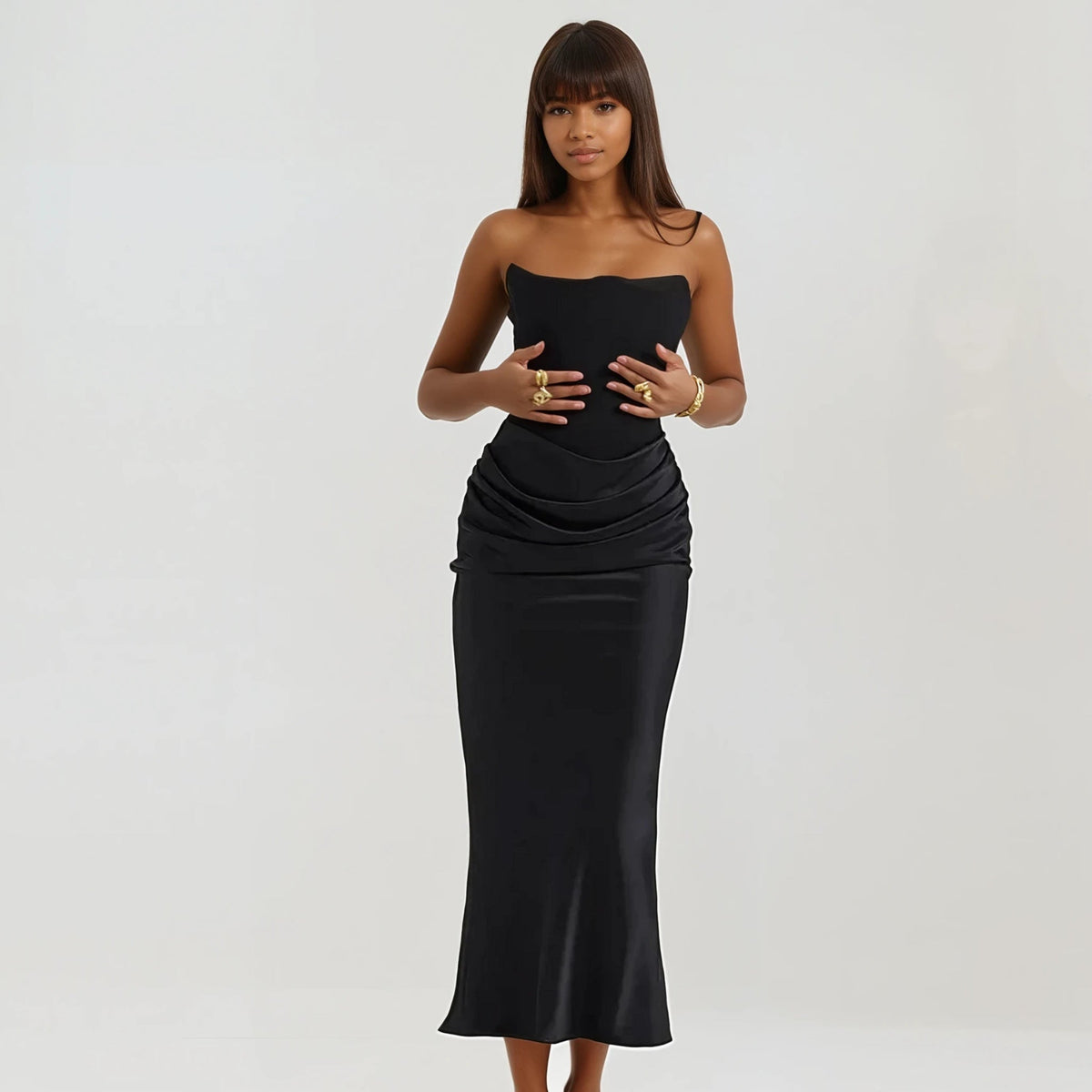 Viviana - Black Strapless Faux Suede Corset & Satin Dress