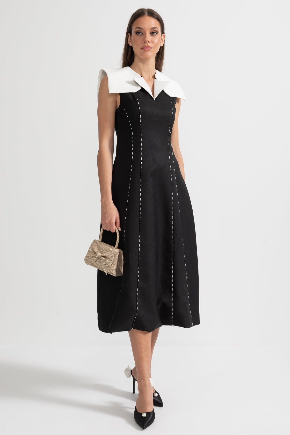 Oversized Collar Contrast Stitch Panel Sleeveless Midi Dress - View 3