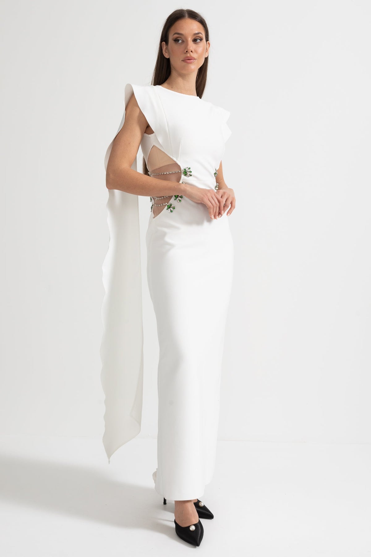 Cut Out Side Crystal Floral Ruffle Cape Back Sleeveless Maxi Gown - View 4