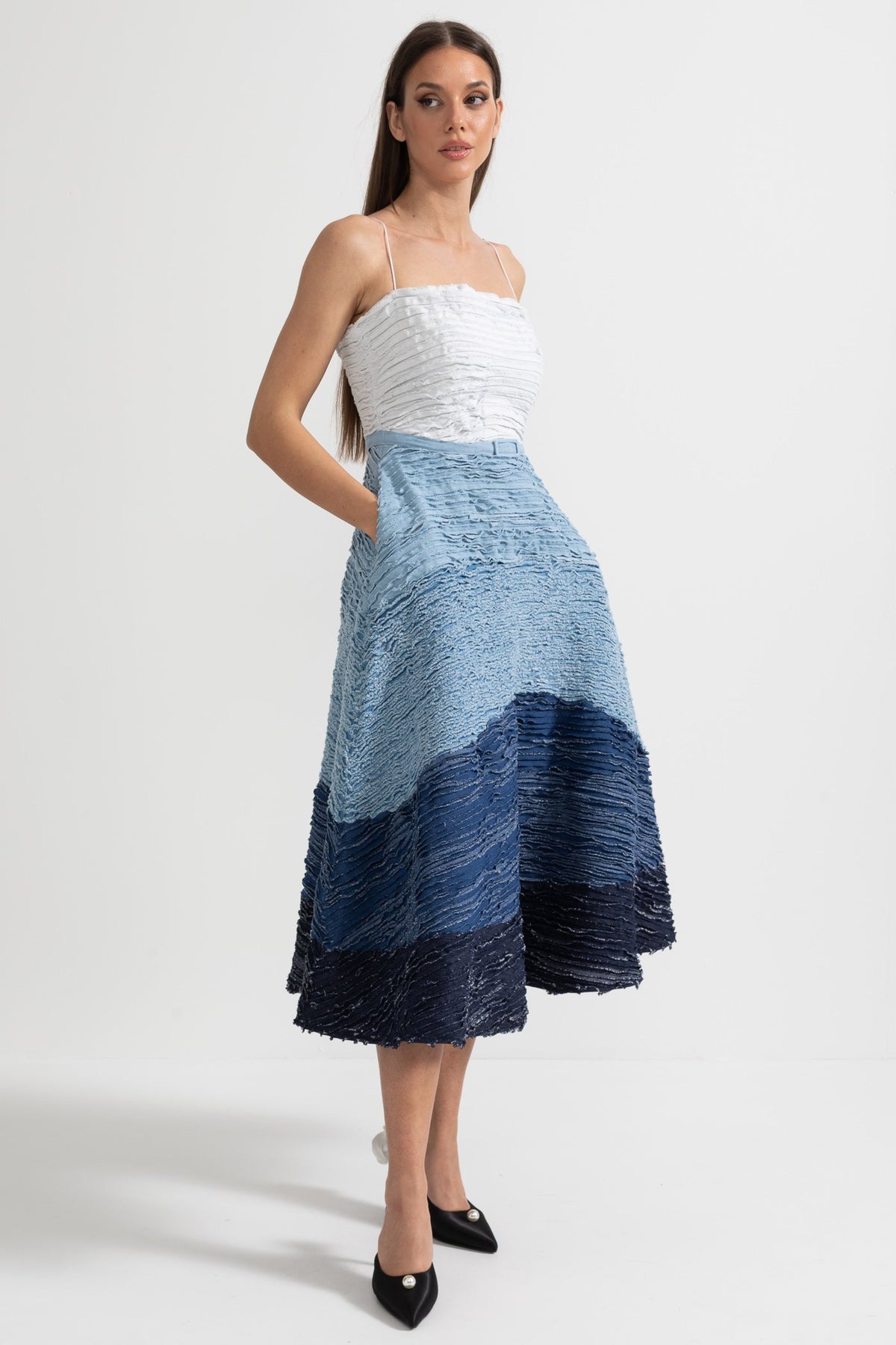 Spaghetti Strap Tiered Frayed Ruffle Belted Midi Dress - View 2