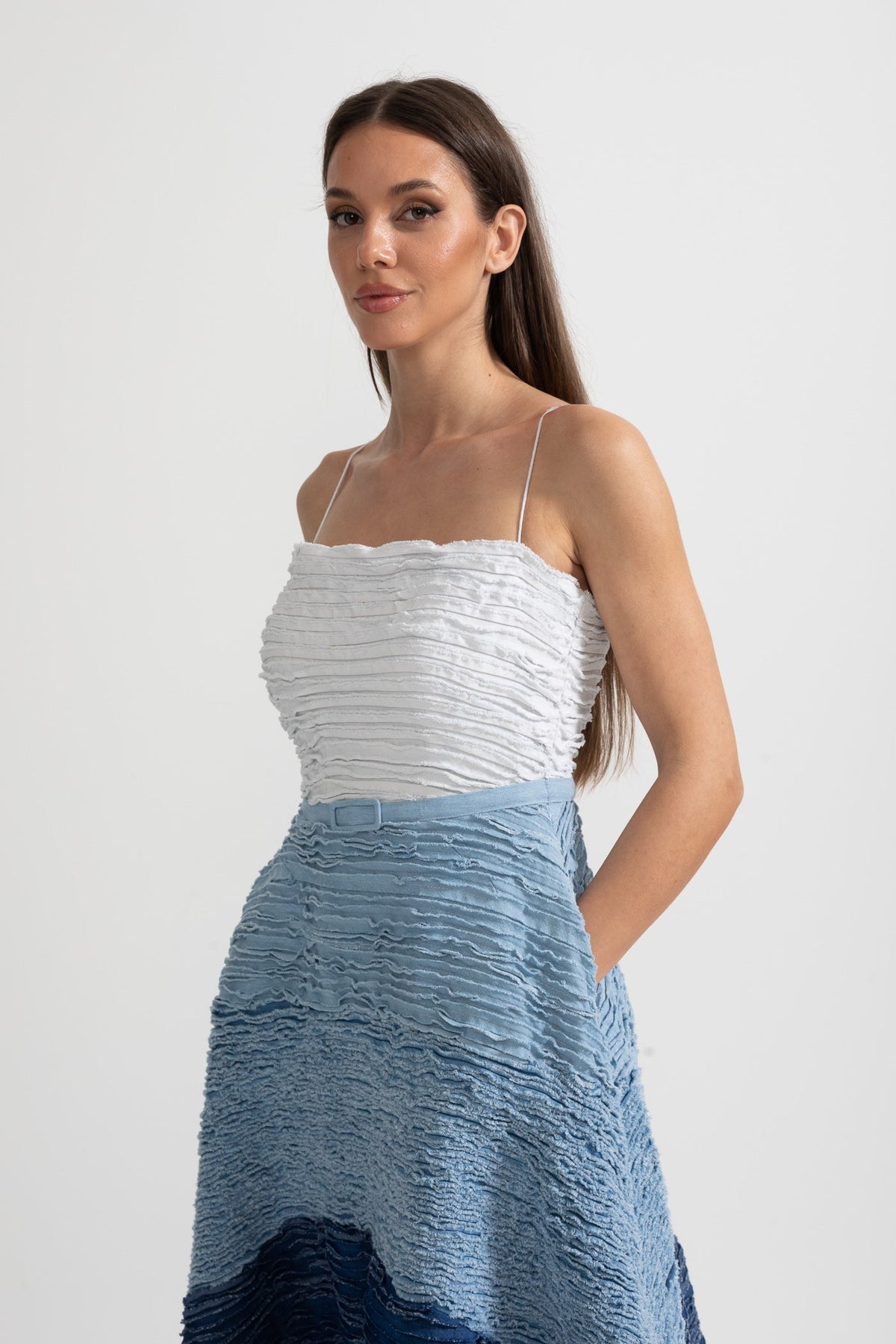 Spaghetti Strap Tiered Frayed Ruffle Belted Midi Dress - View 6