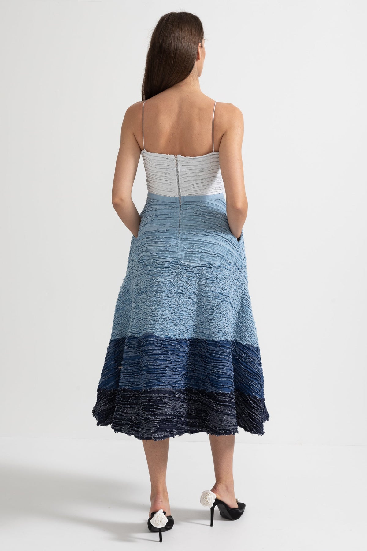Spaghetti Strap Tiered Frayed Ruffle Belted Midi Dress - View 8
