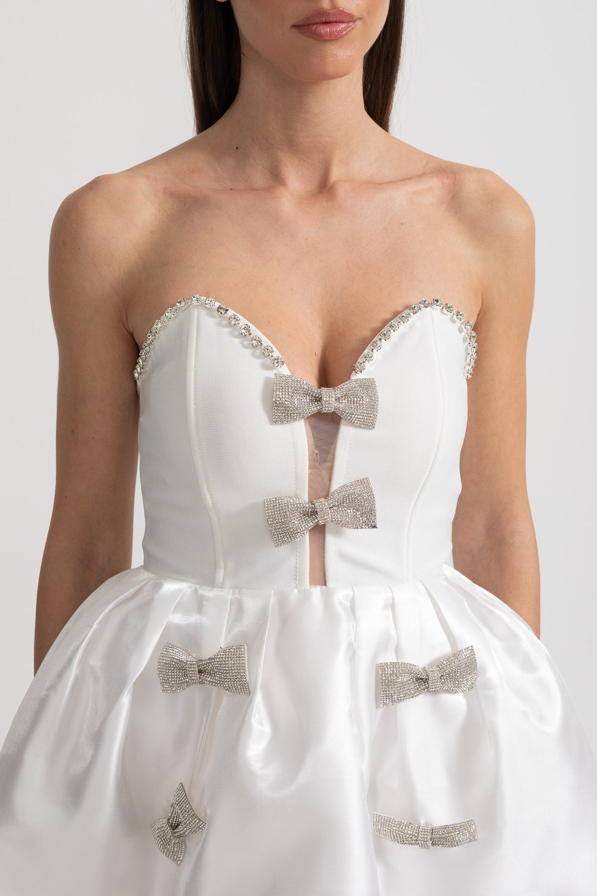 Strapless Mini Dress with Crystal Bow Embellishments - White - View 2