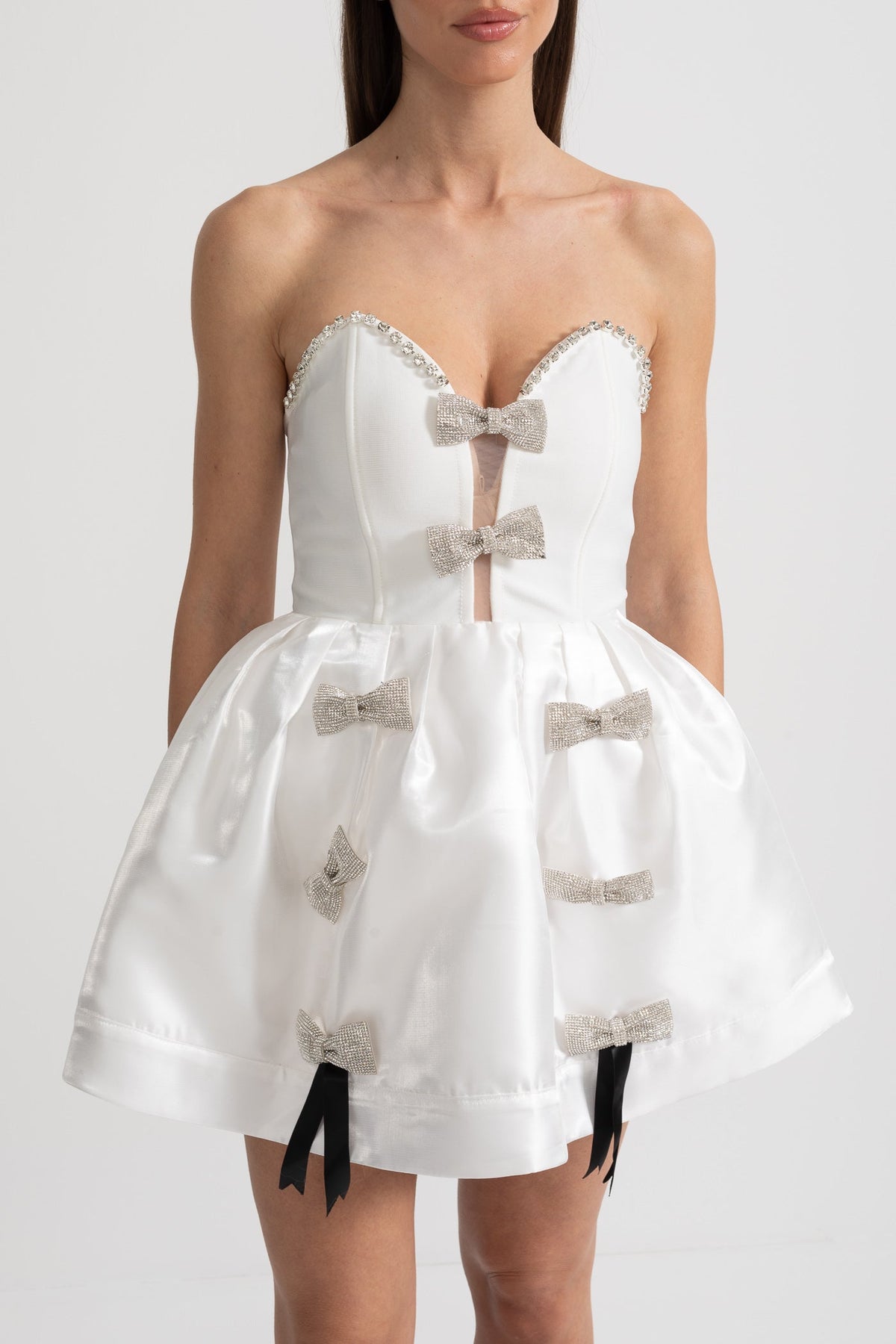 Strapless Mini Dress with Crystal Bow Embellishments - White - View 3
