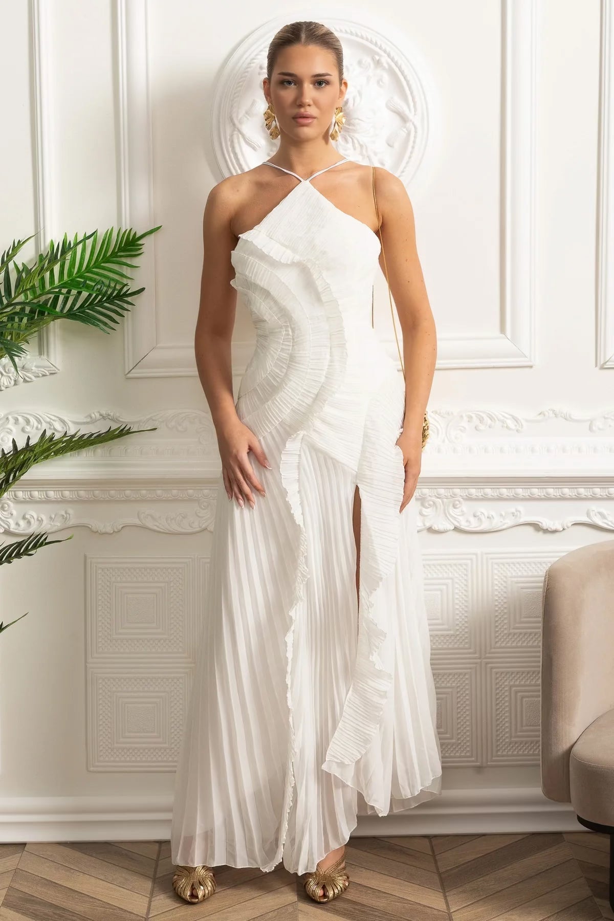 Pleated Halter Midi Dress With Cascading Ruffle Details - White - View 4