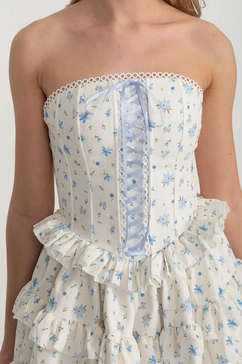 Corset Mini Dress With Ribbon Lacing Detail And Multi-Layered Ruffled Skirt - White/Blue - View 4