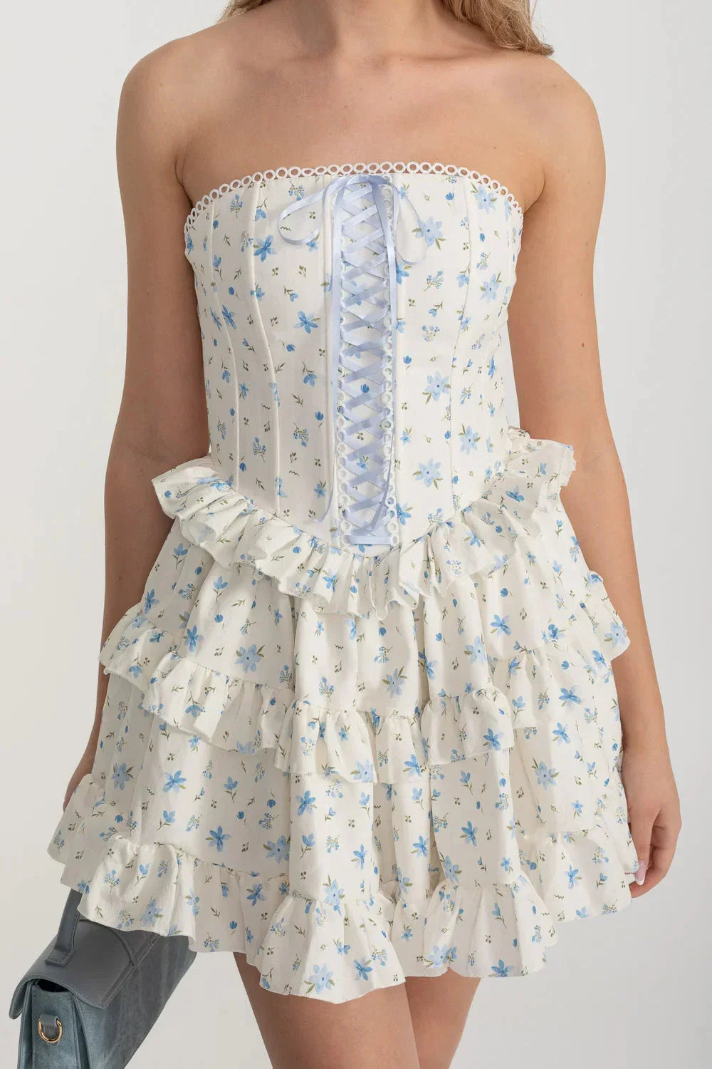 Corset Mini Dress With Ribbon Lacing Detail And Multi-Layered Ruffled Skirt - White/Blue - View 5