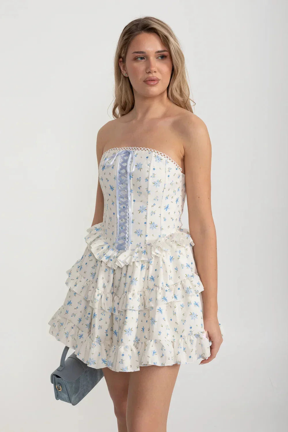 Corset Mini Dress With Ribbon Lacing Detail And Multi-Layered Ruffled Skirt - White/Blue - View 6