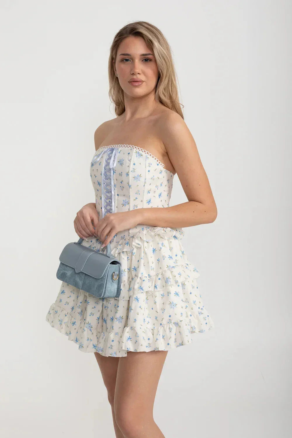 Corset Mini Dress With Ribbon Lacing Detail And Multi-Layered Ruffled Skirt - White/Blue - View 7