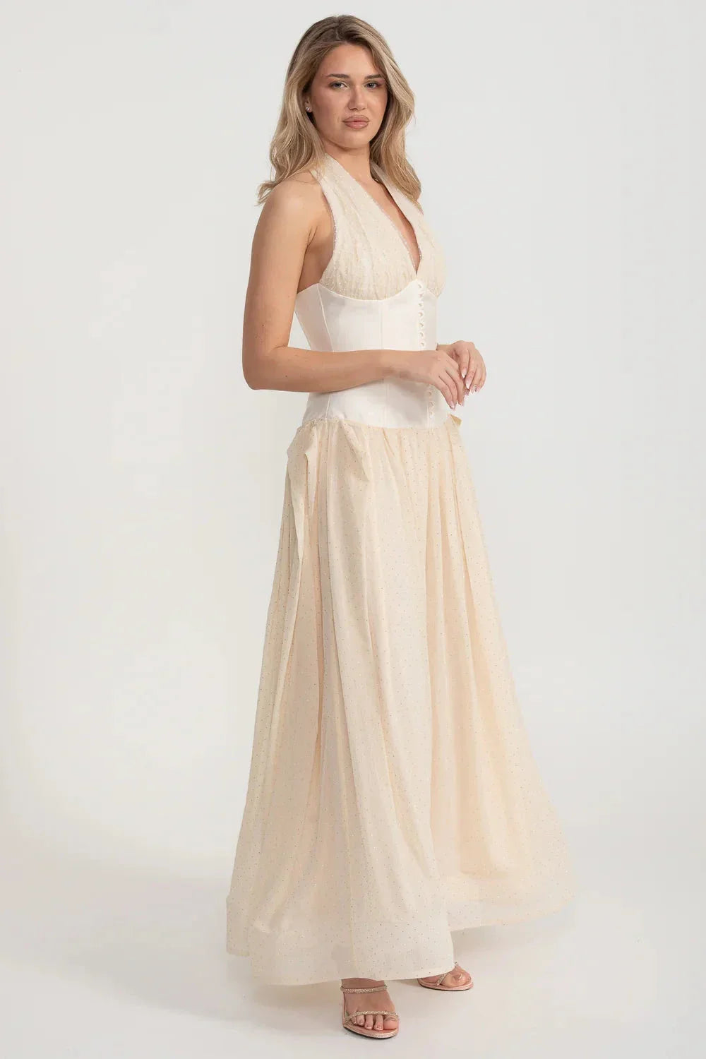 Halter Neck Plunge Corset Glitter Tulle Maxi Gown 5