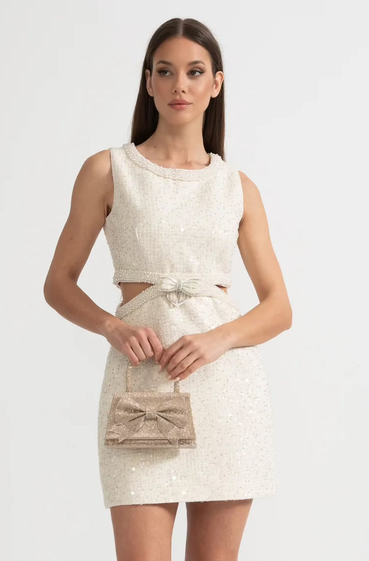 Sequin Sleeveless Mini Dress With Waist Cutouts And Bow - Ivoire