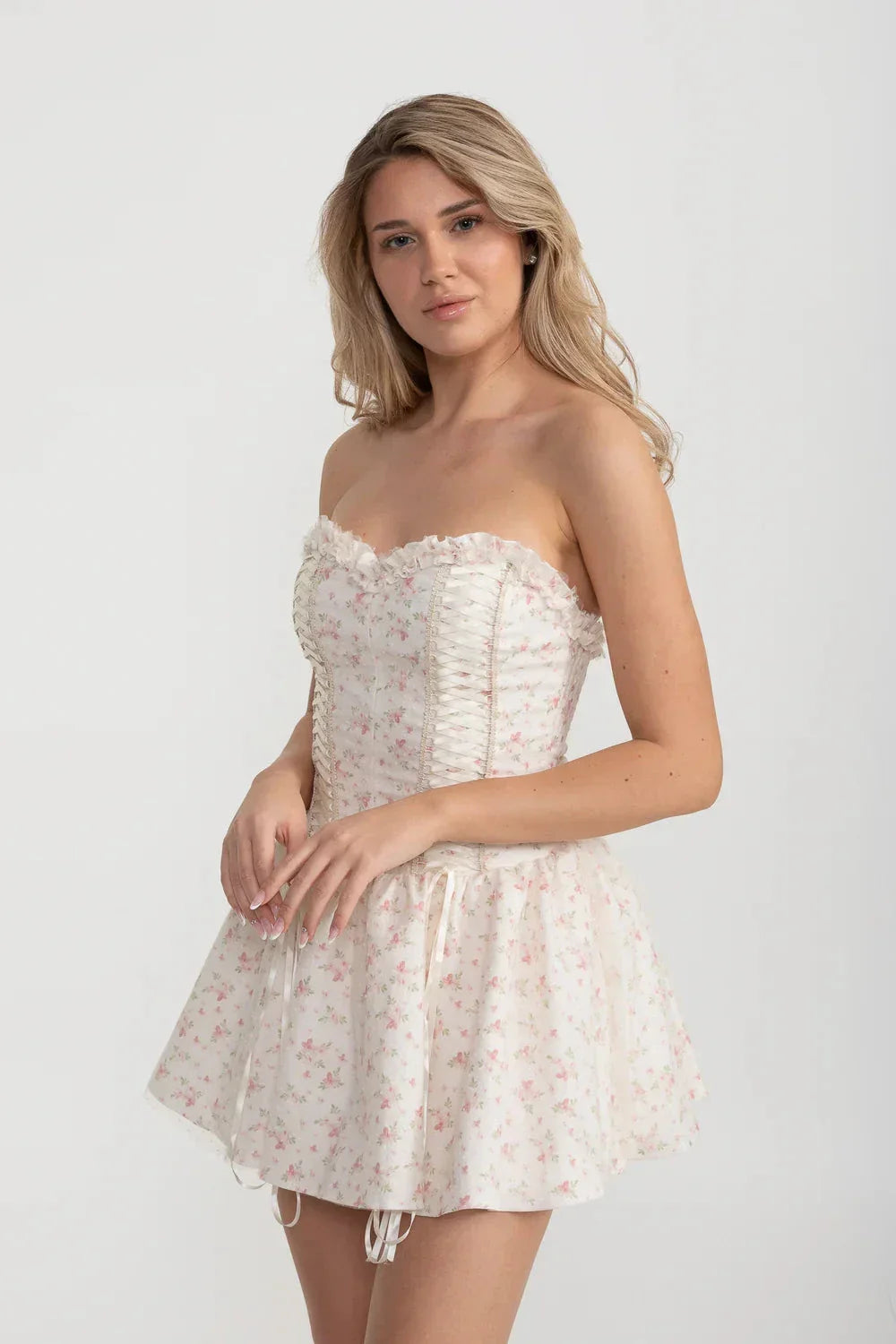 Corset Mini Dress With Sweetheart Neckline And Delicate Floral Pattern - White/Pink - View 2