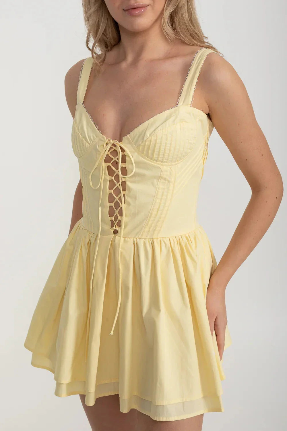 Corset Style Sleeveless Dress With Lace-Up Front Detailing - Yellow - View 6