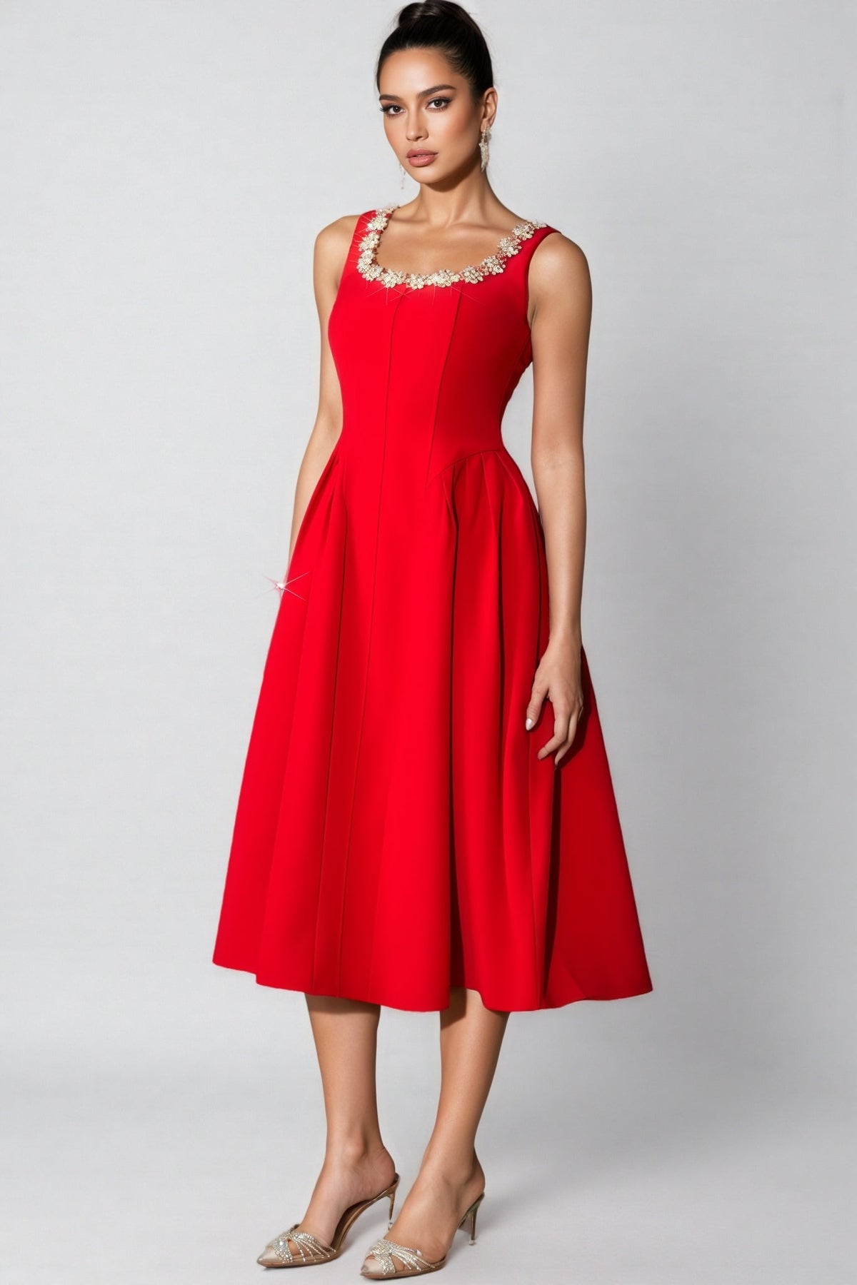 Crystal Trim Scoop Neck Sleeveless Pleated A-Line Midi Dress - View 3