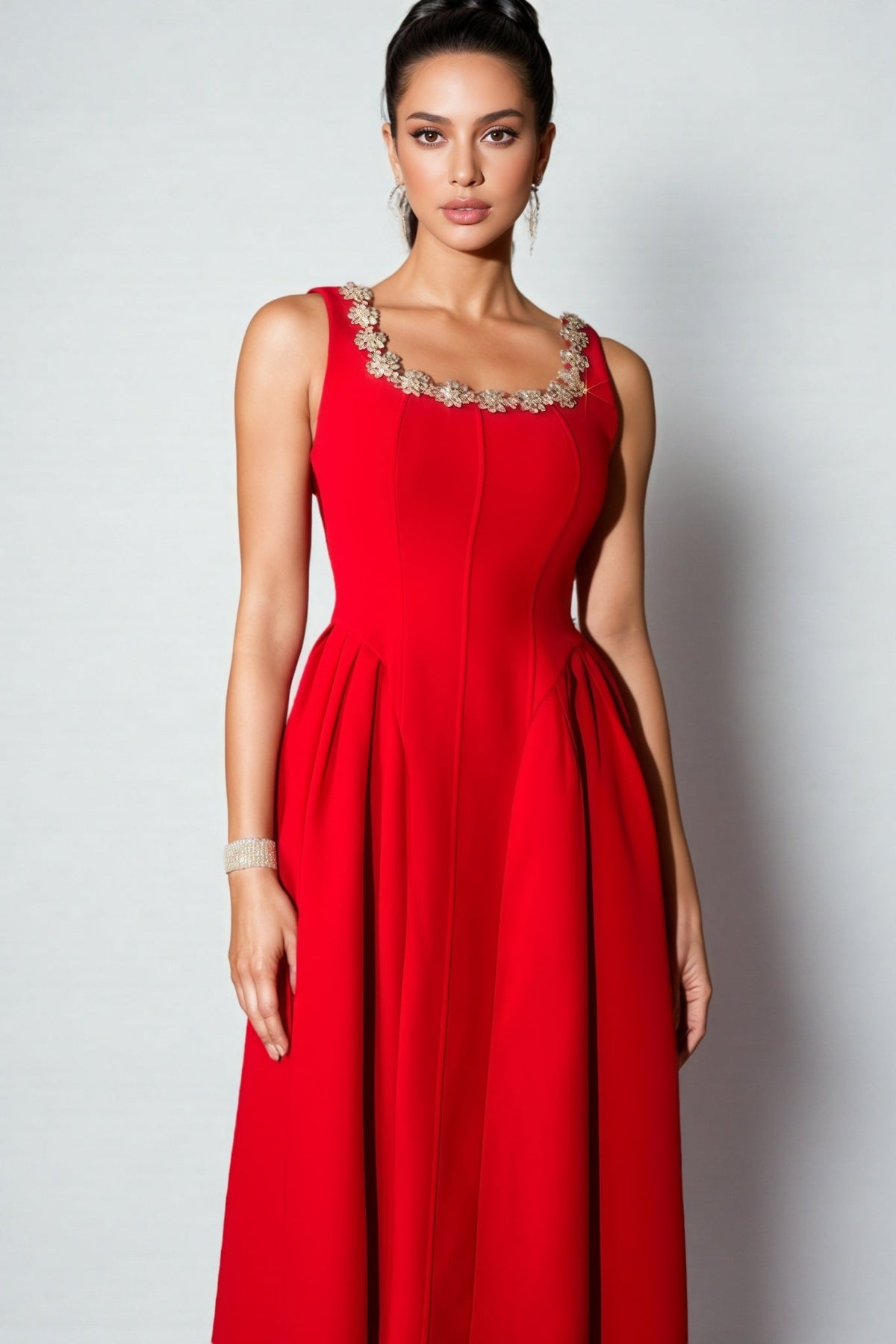 Crystal Trim Scoop Neck Sleeveless Pleated A-Line Midi Dress - View 5