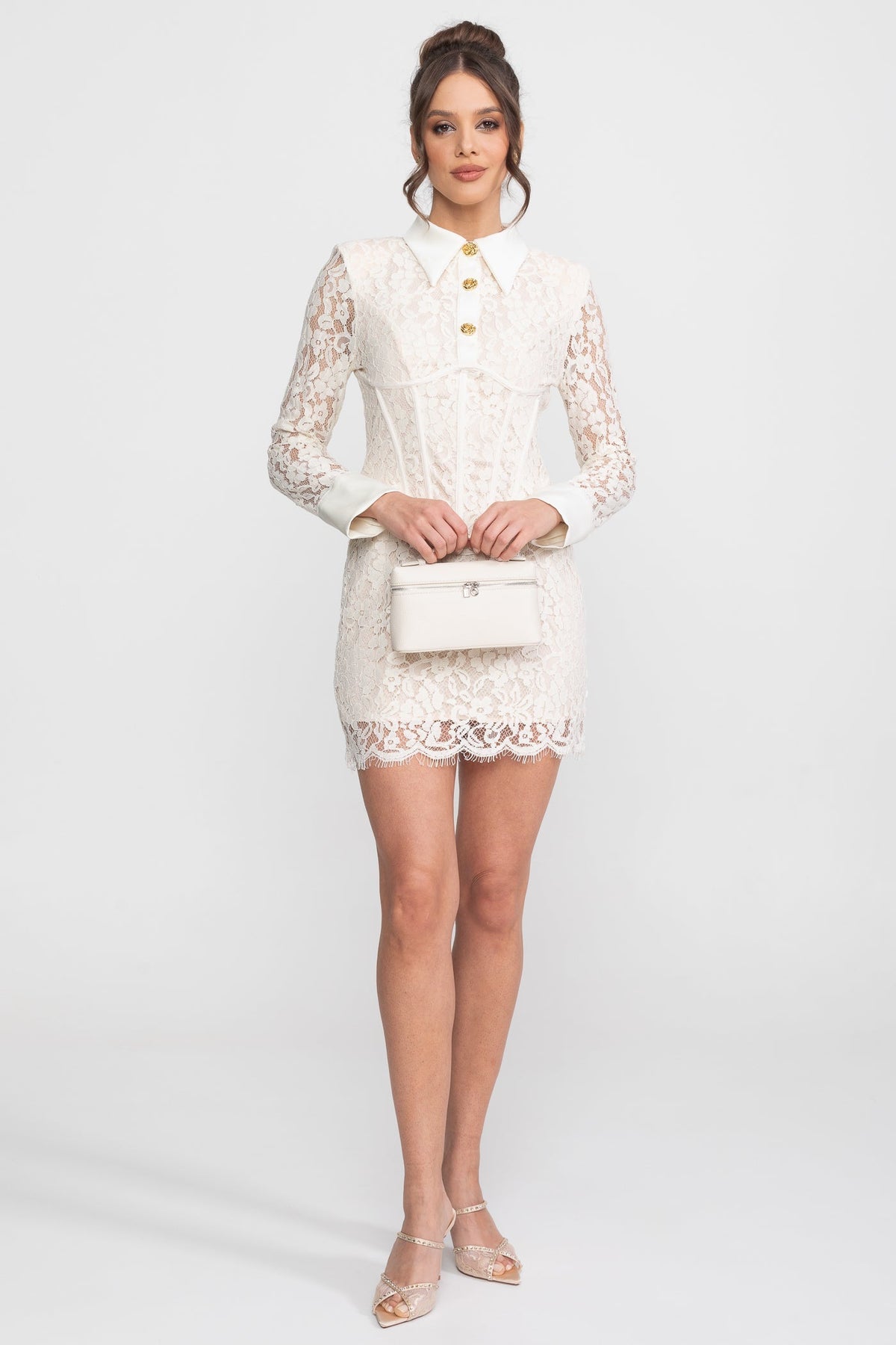 Long Sleeved Lace Mini Dress With Scallop Hem - Ivoire - View 5