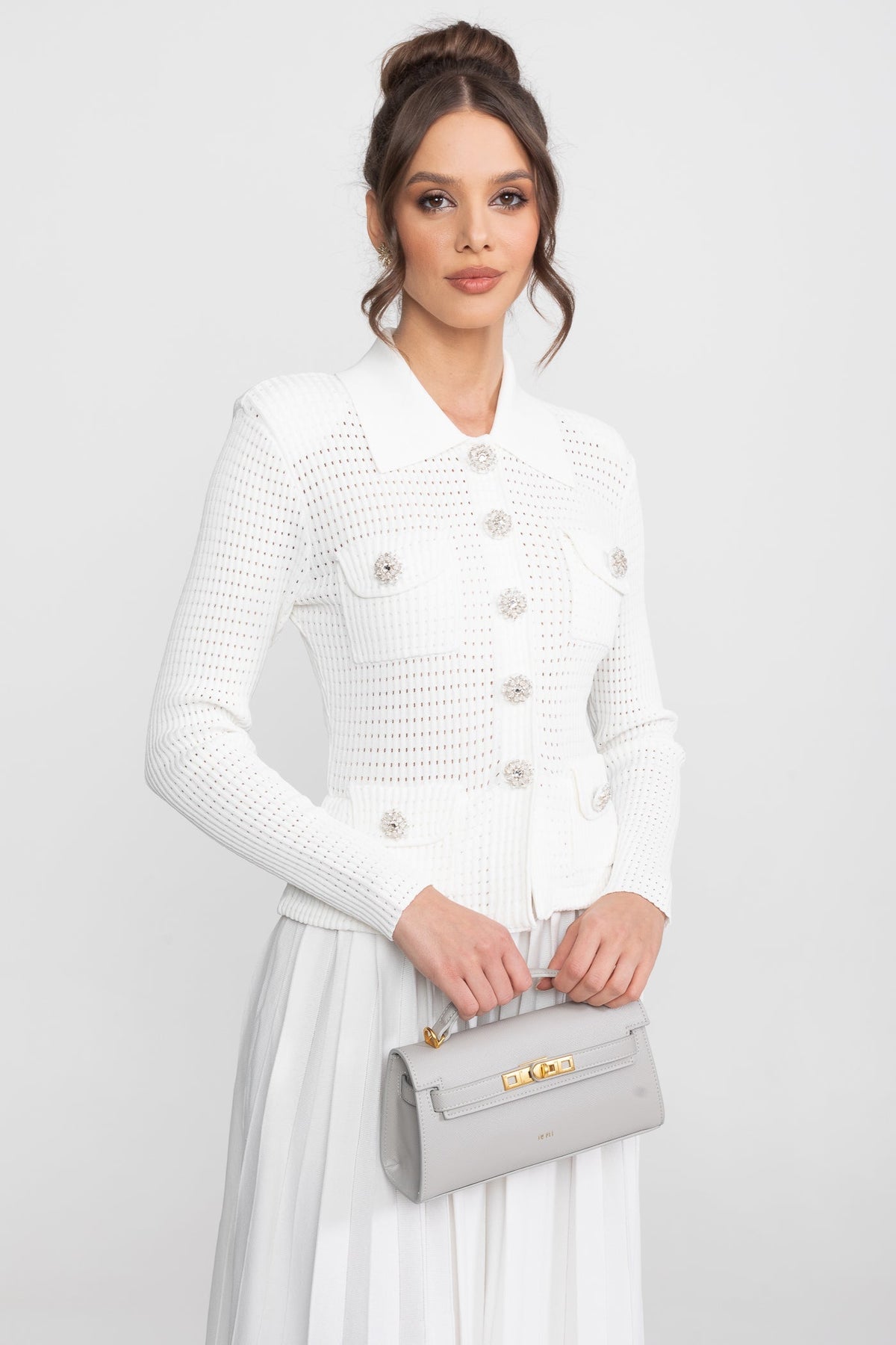 Open-Knit Dress with Pleated Midi Skirt - White - View 5