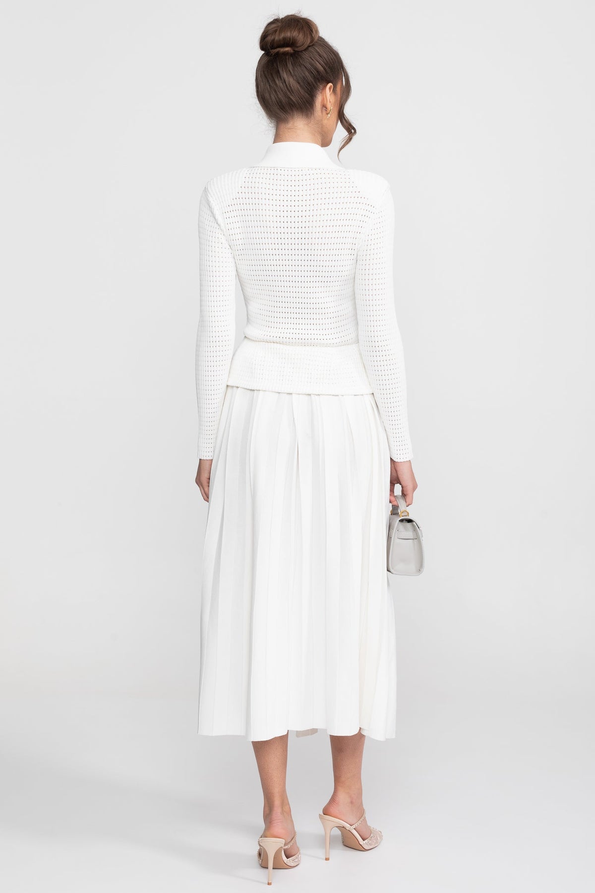 Open-Knit Dress with Pleated Midi Skirt - White - View 7