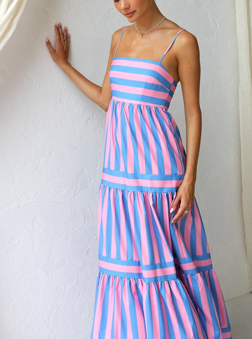 Striped Spaghetti Strap Tiered Maxi Dress Summer 9