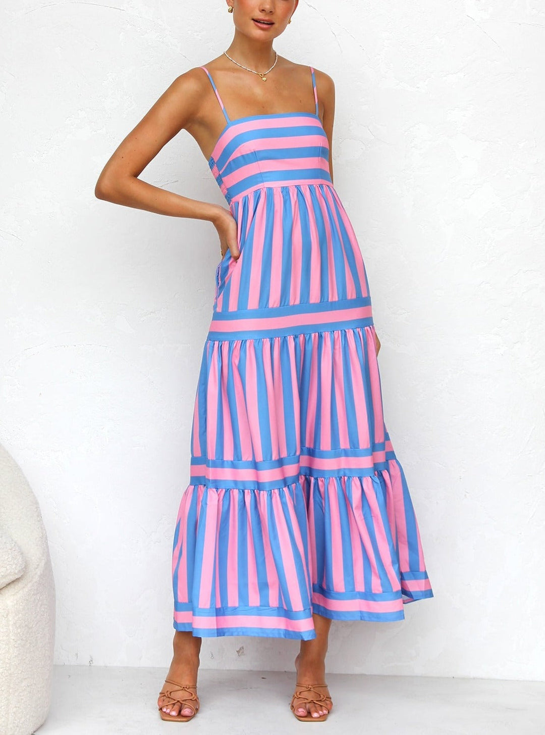Striped Spaghetti Strap Tiered Maxi Dress Summer 12