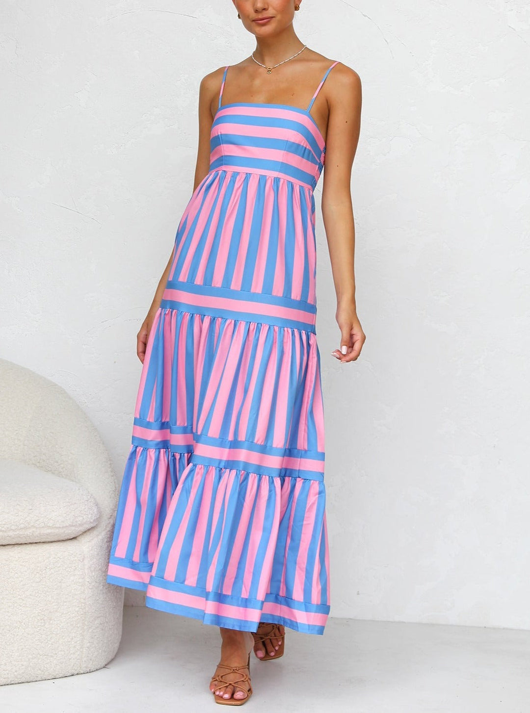 Striped Spaghetti Strap Tiered Maxi Dress Summer 15