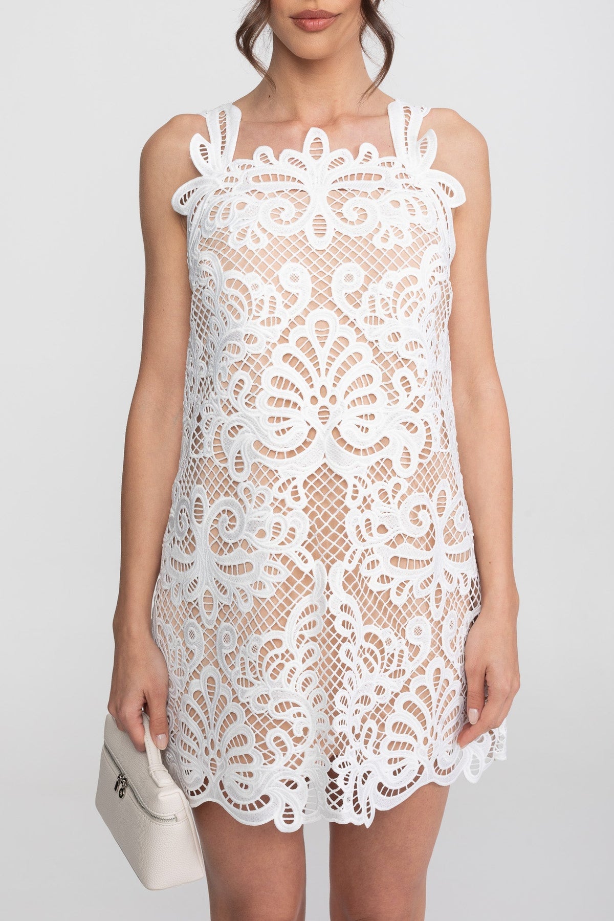Guipure Lace Sleeveless Mini Dress With Scallop Hem - White - View 7