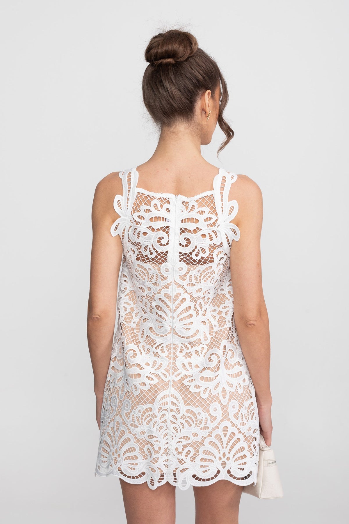 Guipure Lace Sleeveless Mini Dress With Scallop Hem - White - View 12