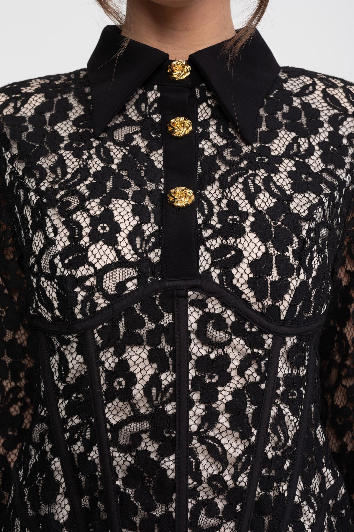 Long Sleeved Lace Mini Dress With Scallop Hem - Black - View 5