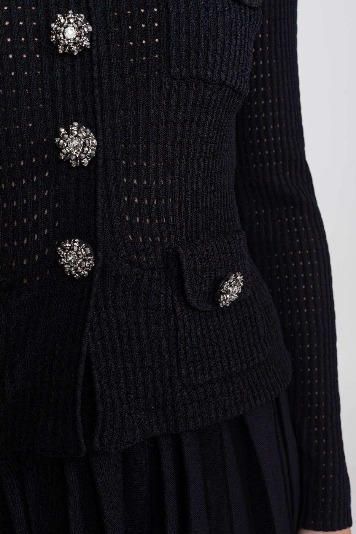 Open-Knit Dress with Pleated Midi Skirt - Black - View 6