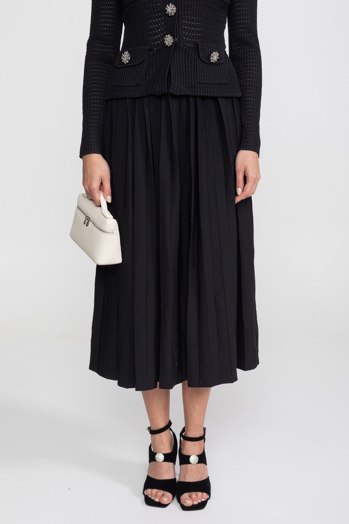 Open-Knit Dress with Pleated Midi Skirt - Black - View 4