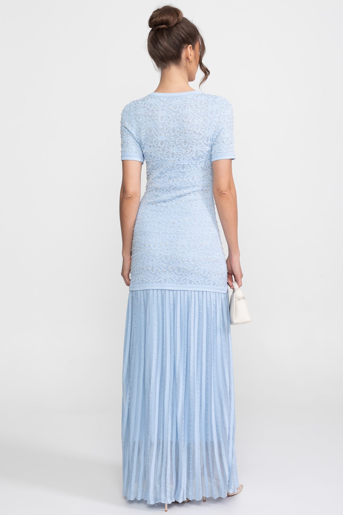 Lace Bead Embellished Round Neck Pearl Button Drop Waist Pleated Maxi Dress - View 7