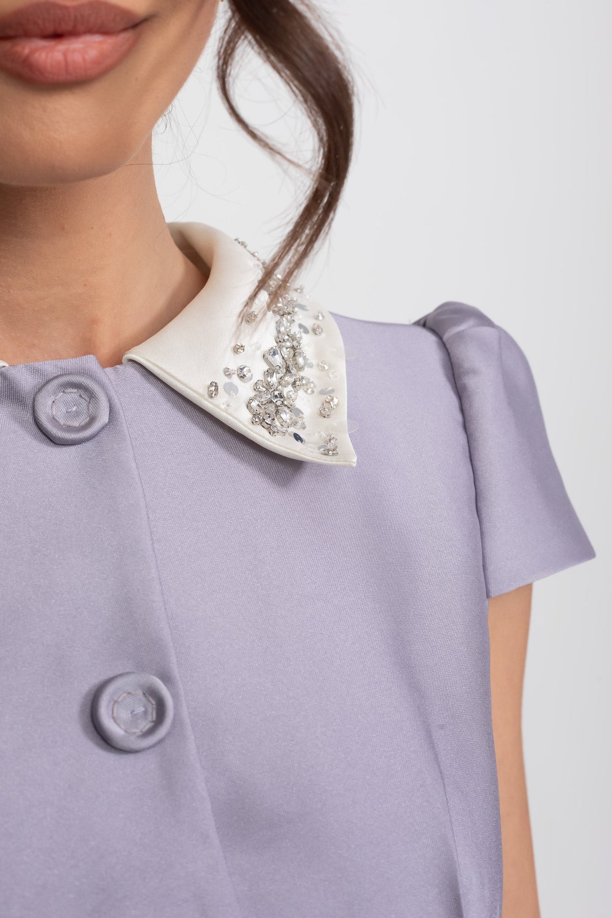 Satin Mini Dress With Crystal Peter Pan Collar And Bow Waist - Lilac - View 4