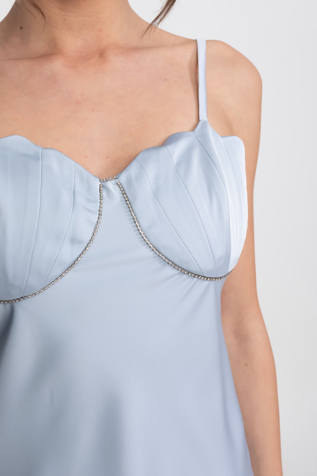 Satin Slip Midi Dress With Sweetheart Bustier Bodice - Light Blue - View 5
