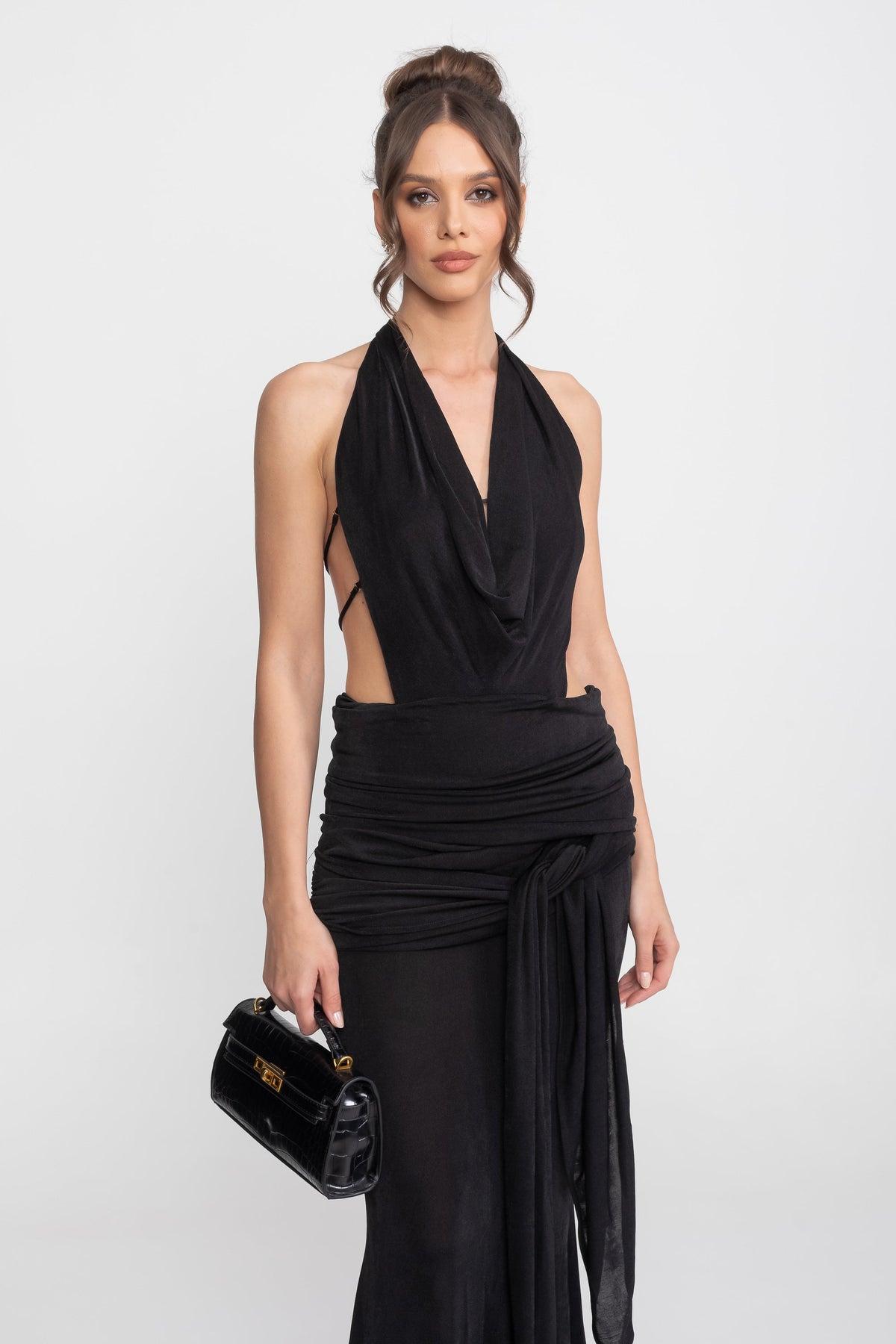 Draped Halter Gown With Ruched Side Tie Detail - Black - View 4
