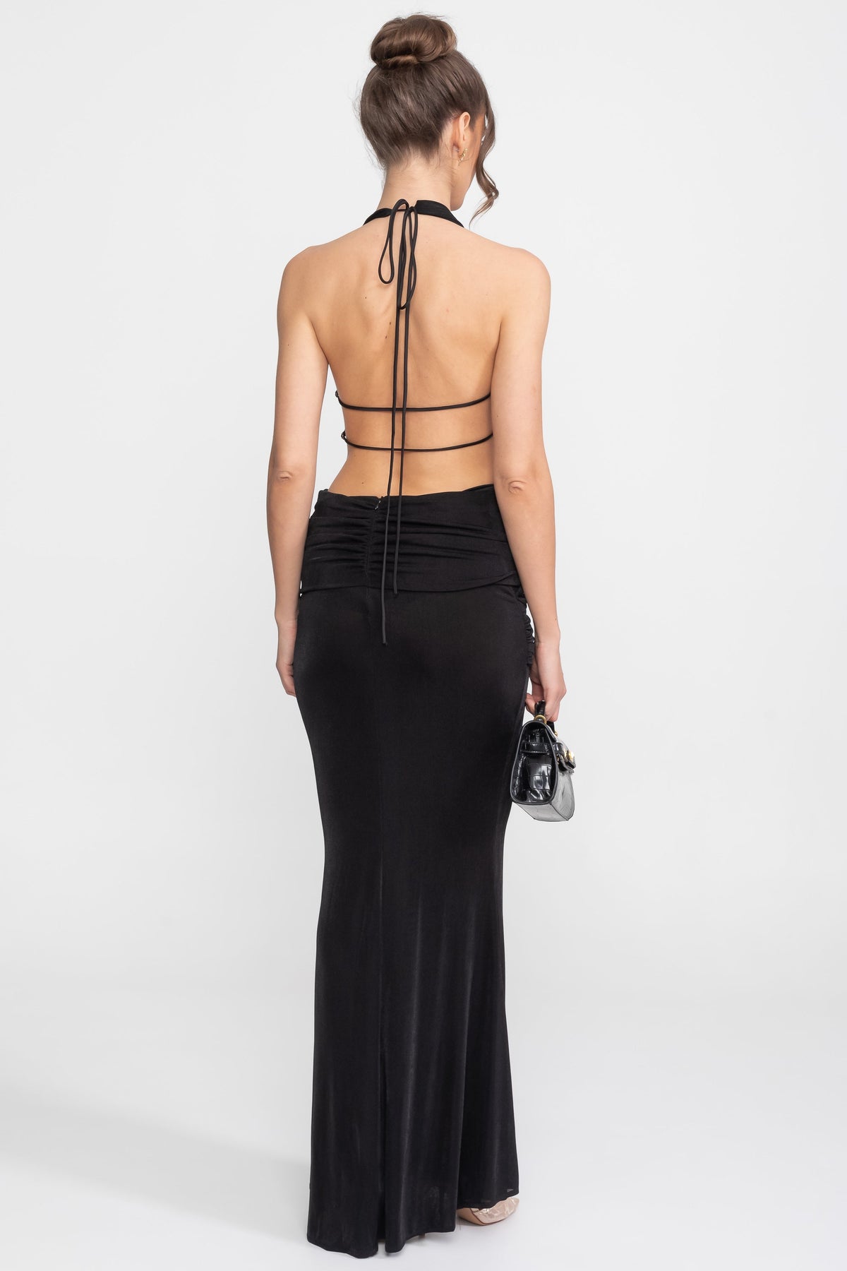 Draped Halter Gown With Ruched Side Tie Detail - Black - View 13