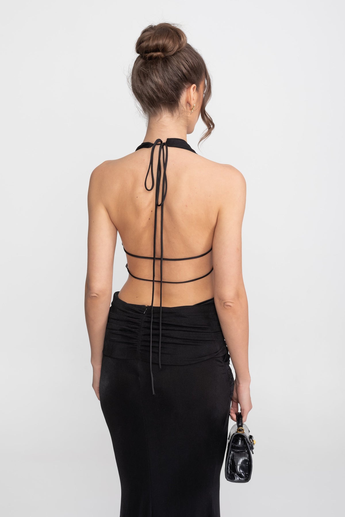 Draped Halter Gown With Ruched Side Tie Detail - Black - View 12