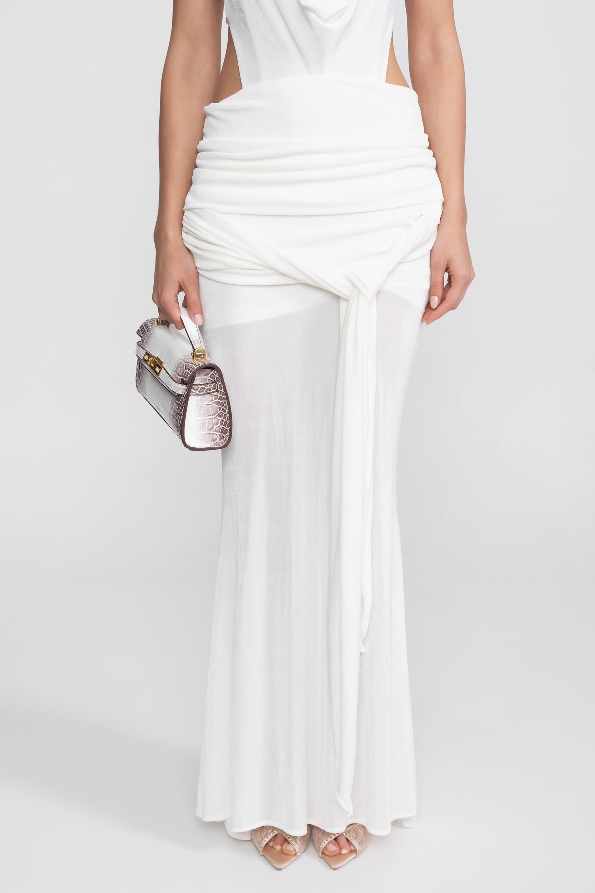 Draped Halter Gown With Ruched Side Tie Detail - White - View 7