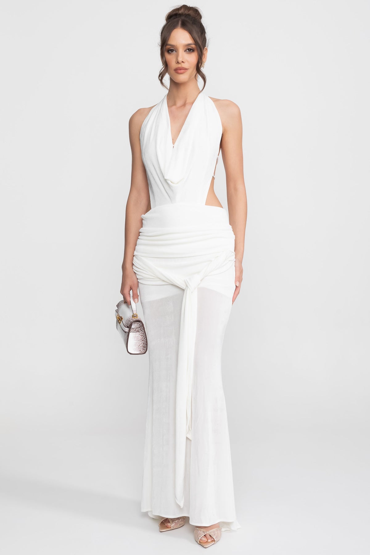 Draped Halter Gown With Ruched Side Tie Detail - White - View 10