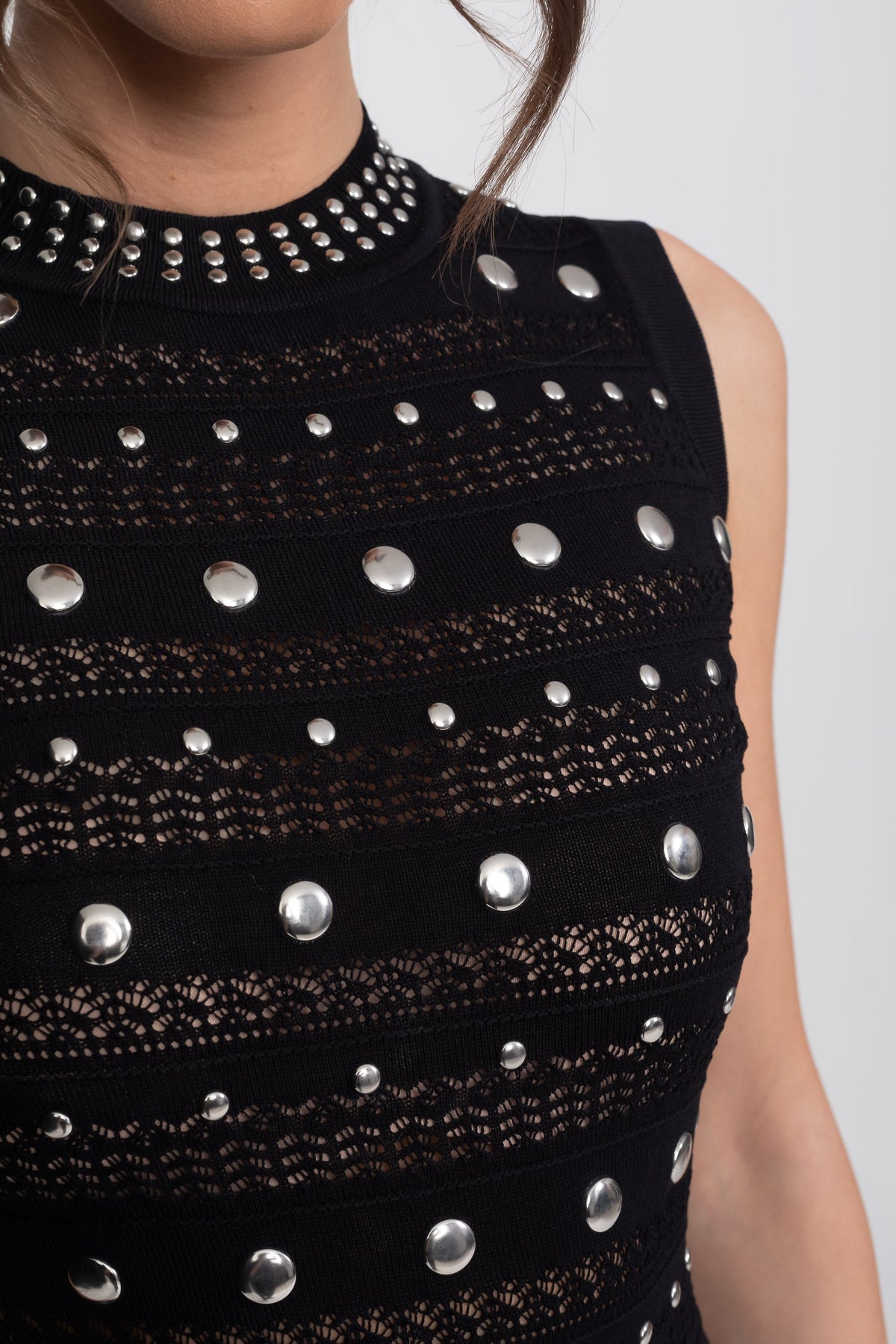 Embellished Knit Midi Dress With High Neck And Ruffle Hem - Black - View 5