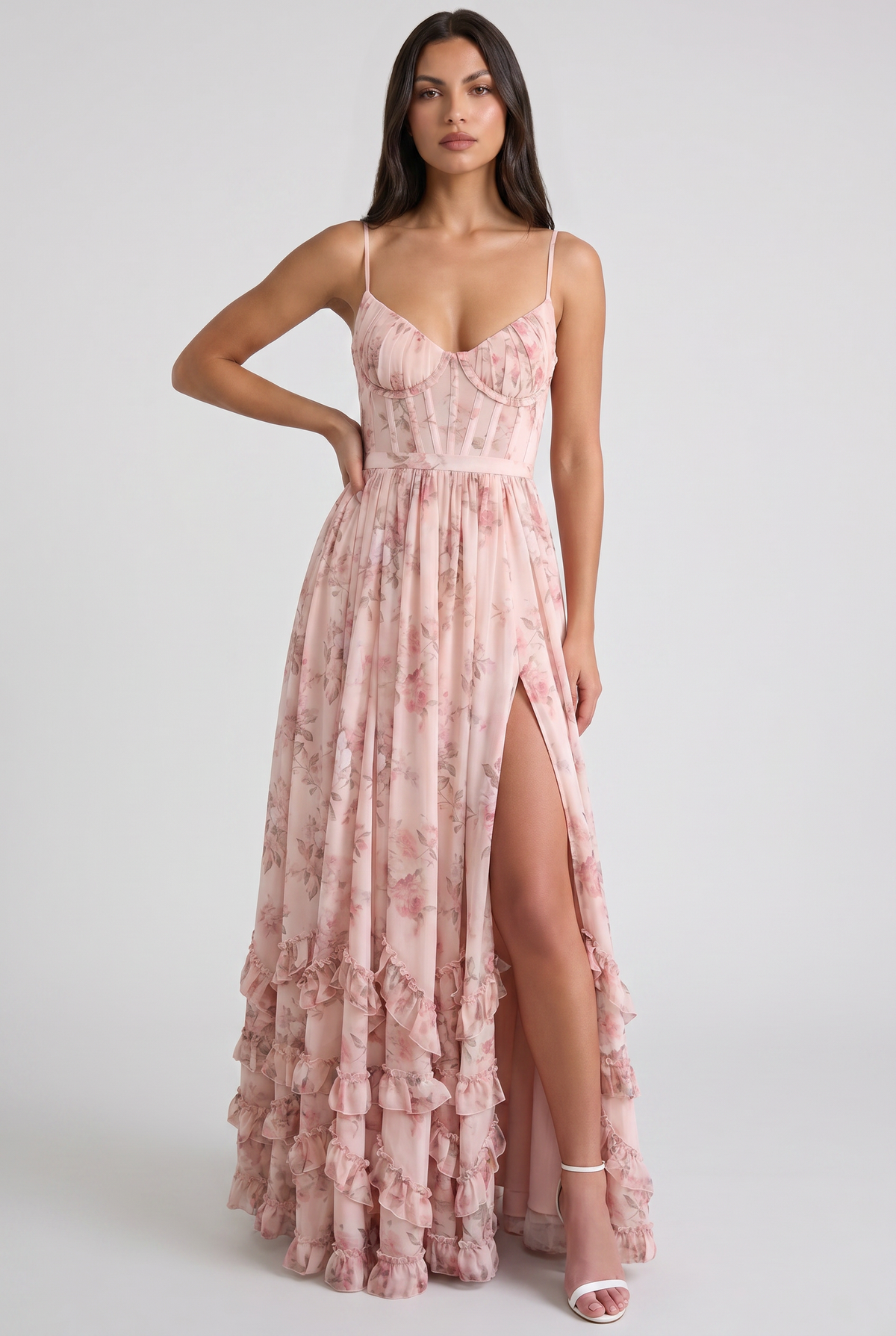 Floral Corset Spaghetti Strap High Split Maxi Dress 8