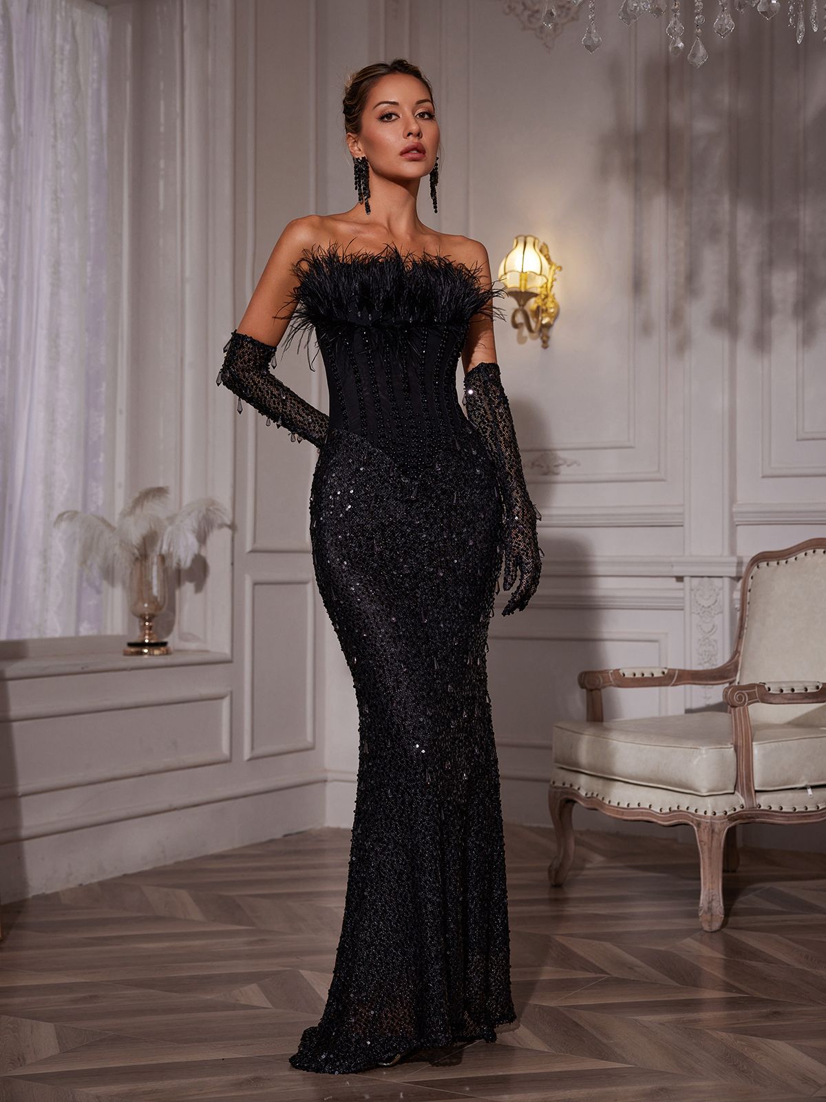 Sequin Strapless Feather Corset High Split Mermaid Maxi Dress - View 3