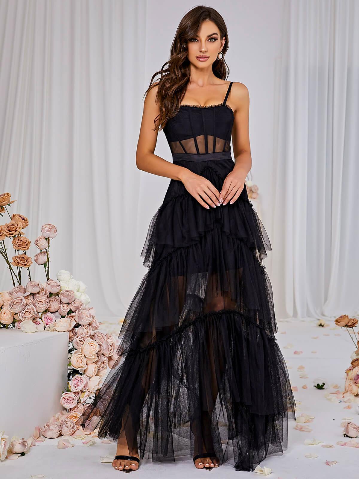 Mesh Maxi Dress In Black - View 3