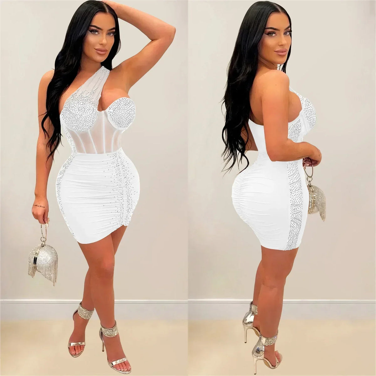 Incline Shoulder Rhinestone Mini Party Dress