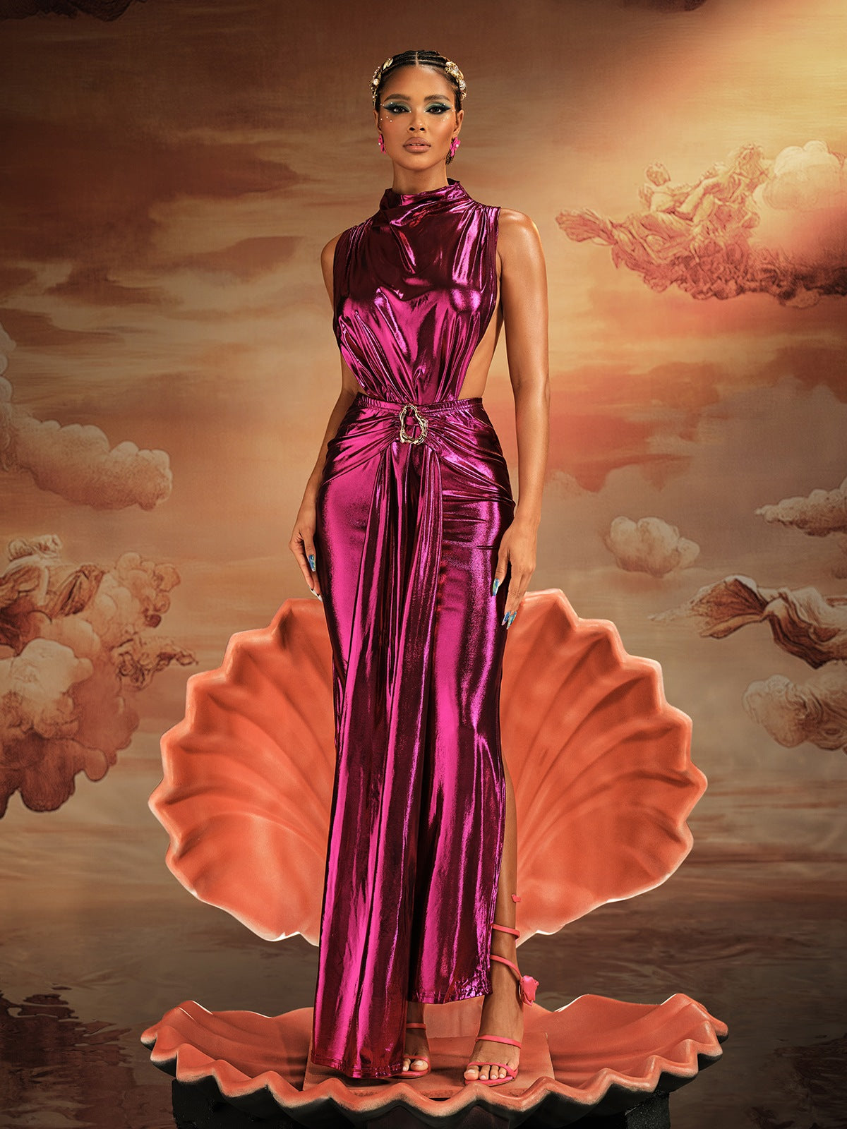 Metallic Side Cut Out Draped Mock Neck Sleeveless Maxi Gown - View 2
