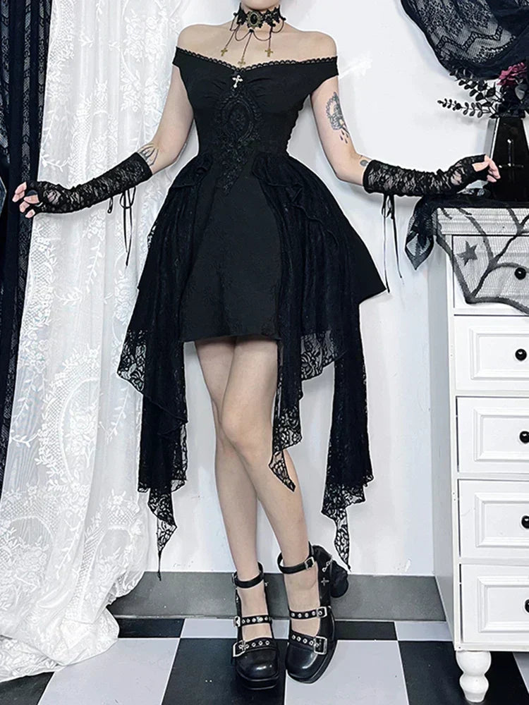 Lace Off Shoulder High Low A-Line Gothic Mini Dress - View 5